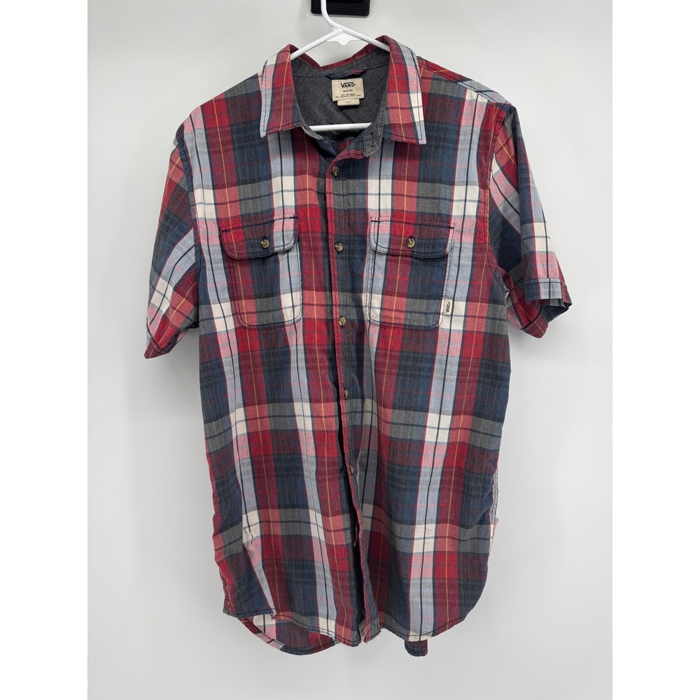 Vans Off The Wall Mens Medium Plaid Short Sleeve Button Down Shirt Red Navy Blue